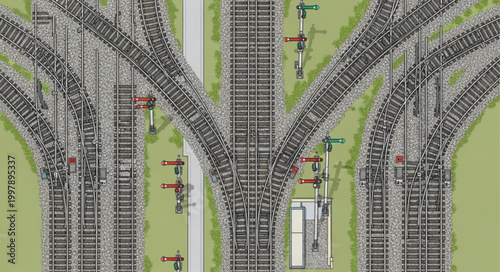 Complex railway track junction with multiple switches and signals.