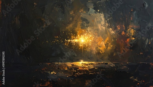 A dark mysterious cave with a glowing fire burning brightly inside