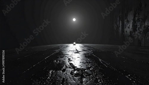 Abandoned tunnel stretches into darkness with light at the end shining on wet tracks