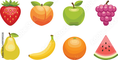 Set of fresh fruits vector illustration featuring strawberry peach apple grapes pear banana orange and watermelon colorful healthy food icons collection