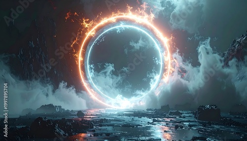 Glowing portal appears on rocky terrain amidst clouds and smoke at dusk