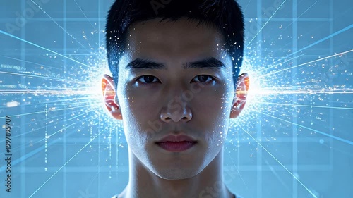 Male head with digital data visualization and radial light rays