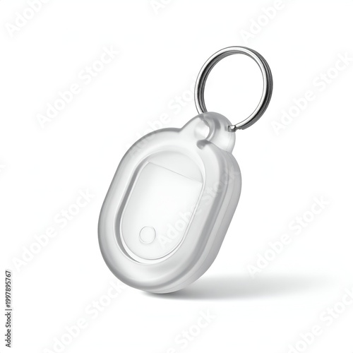 Clear protective case for AirTag with metal keyring, isolated.