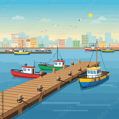 A colorful harbor scene with boats docked