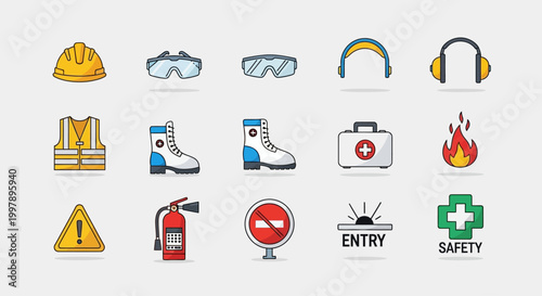 Safety equipment and protection icons.