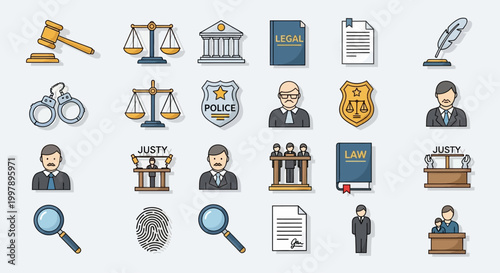 Justice law icons and symbols.