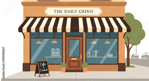 A cartoon-style illustration of a coffee shop