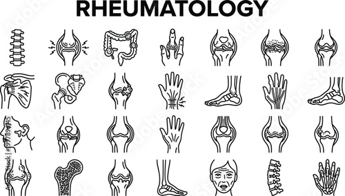 Rheumatology medical icon set featuring joints bones arthritis symptoms inflammation and musculoskeletal system healthcare outline vector collection