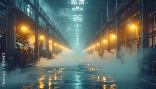 Industrial factory interior with fog and lights reflecting on wet floor