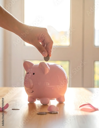 A hand depositing a coin into a pink ceramic piggy bank