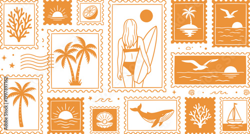 Orange beach stamps with tropical icons on white background set