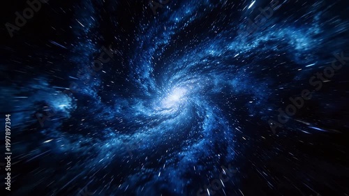 Deep space scene with bright galaxy core and blue nebula stars
