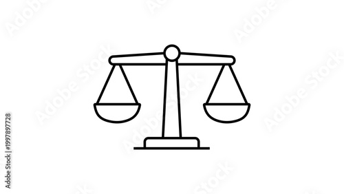 Balance Scale Vector Icon with Editable Stroke. A modern flat illustration of a two-pan weighing scale representing justice, law, equality, and legal judgment. Scalable graphic for web and print.