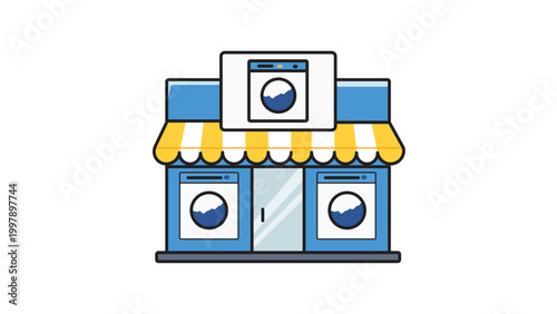 Laundromat Storefront Editable Stroke Vector Icon. A modern flat illustration of a laundry shop with washing machines, a striped awning, and a clean blue facade on a white background.