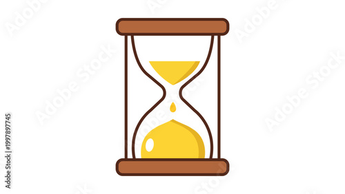 Modern flat vector icon of a sand hourglass with yellow sand on a white background. This editable stroke vector illustration represents time management, deadlines, waiting, and efficiency.