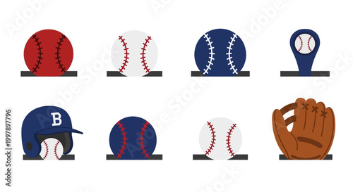 Bild auf Leinwand Baseball Equipment Icons: Balls, Helmet, Glove, and Marker on White Background