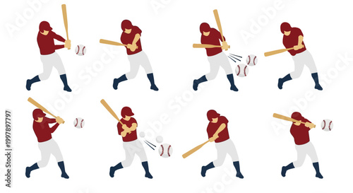 Photos Baseball Player Swinging Bat in Sequence: Action Shot of Hitting a Ball