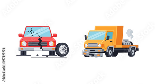 Schilderij op canvas Damaged Car and Truck After Accident, Roadside Assistance Needed