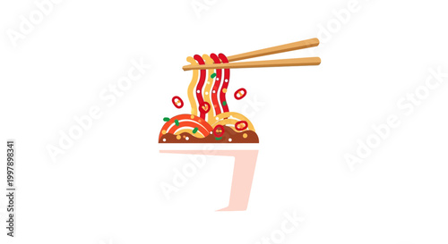 Noodles with chopsticks on plate.