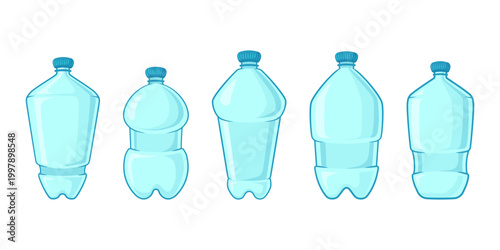 Plastic bottles lined up against white background, five stylized clear PET containers with varied shapes