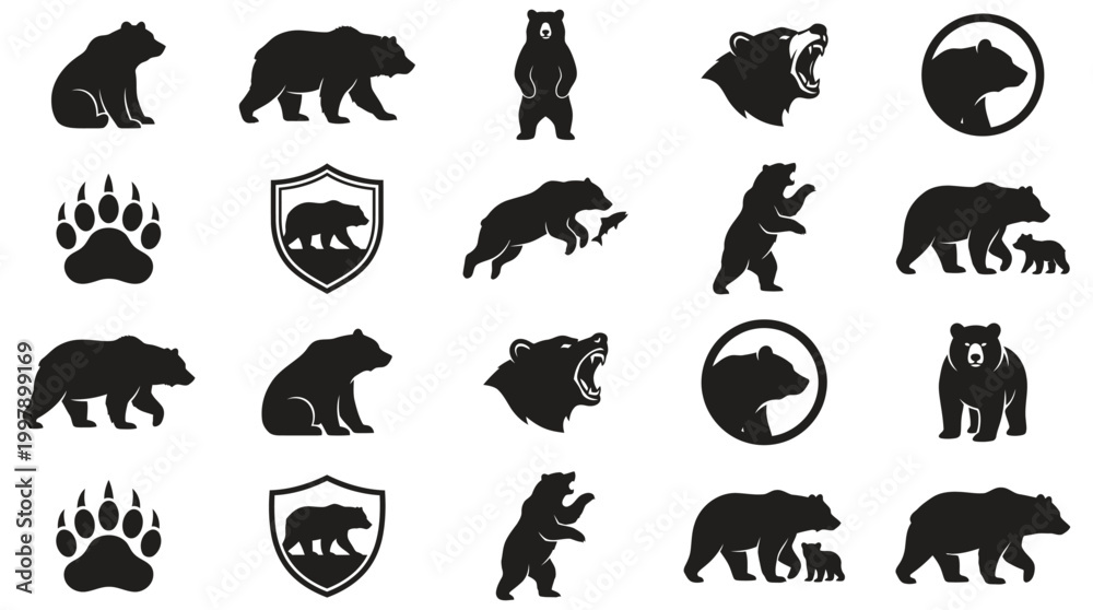 Obraz premium Bear silhouette collection icon set, illustrative graphics for design