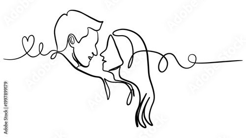 Minimalist Line Art: Couple in Love with Heart, Romantic Embrace Drawing