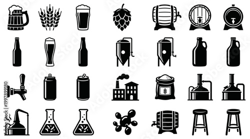 Extensive vector silhouette collection depicting brewing process stages and craft beer elements