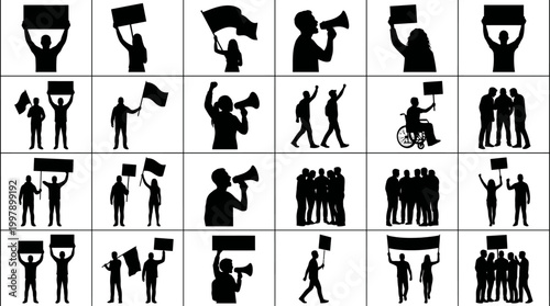 Protest demonstration silhouette collection with banners, megaphones and signs