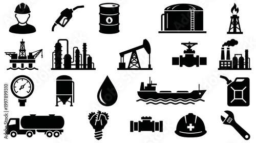 Comprehensive collection of oil and gas industry silhouette icons, representing energy production and fuel supply chain elements