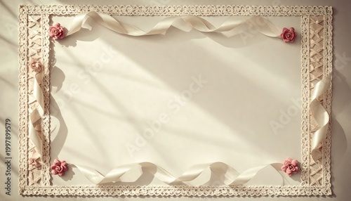 Elegant Floral Corset Ribbon Lacing Frame Background, Vintage Coquette Aesthetic Decorative Border Template with Blank Copy Space for Romantic Spring Wedding Invitation, or Feminine Beauty Poster