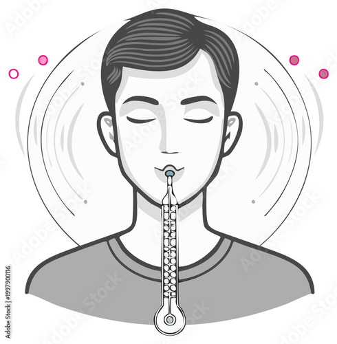 Man playing oboe with eyes closed in meditation or practice graphic illustration