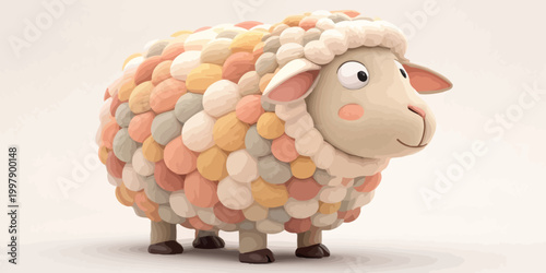 Cute fluffy sheep character with a colorful textured fleece animal portrait farm animal domestic animal baby animal character illustration whimsical childlike adorable innocent friendly