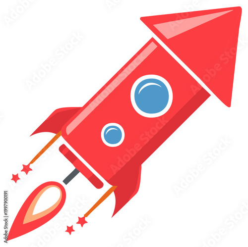 Bright red cartoon rocket soaring upwards with fiery propulsion and trailing stars