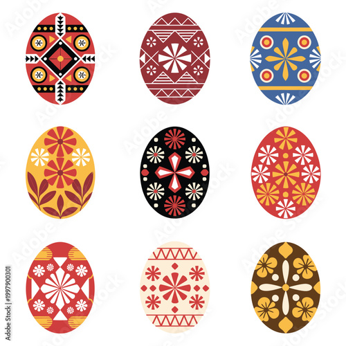 Decorated Easter Eggs with Colorful Folk Geometric Ornament Patterns, Traditional Hand Painted Holiday Designs, Vibrant Spring Celebration Symbols, Detailed Vector Illustration