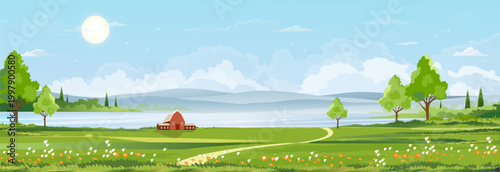 Spring landscape at village by the lake with green fields,mountain, blue sky and clouds, Vector nature cartoon scenery Summertime,Panoramic rural countryside by river with clear sky in morning