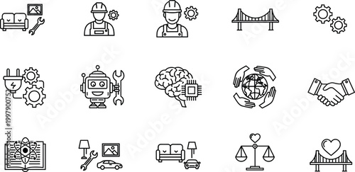 Minimal Line Business Industry Icons Set Vector Collection with Engineering Technology Support Partnership Law Finance Modern Outline Design