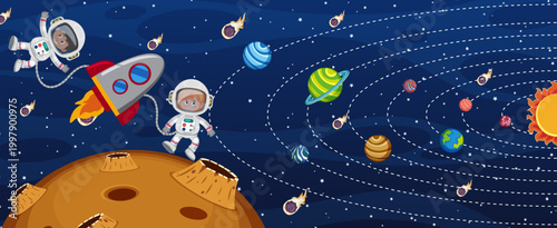 Solar system in the galaxy with an astronaut and a rocket ship