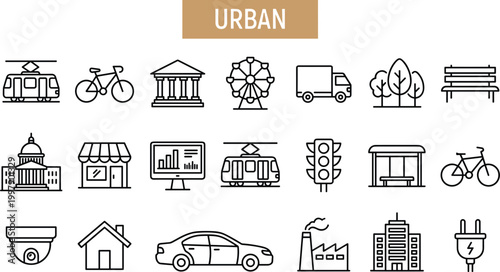 Urban city icon set featuring transportation buildings infrastructure public services and metropolitan lifestyle outline vector collection