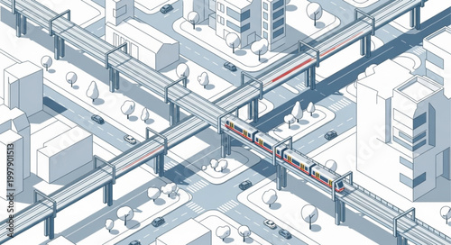 Isometric Cityscape with Elevated Train Tracks and Trains.