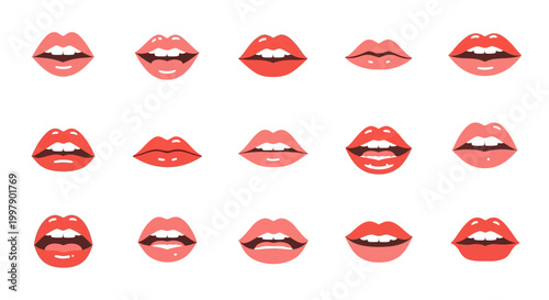 Vibrant collection of stylized female lips in various shades of red and pink, each illustrating a unique expression and mouth shape. Perfect for beauty, fashion, and communication designs