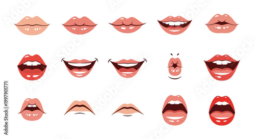 Dynamic vector collection of female lips, showcasing varied expressions like subtle smiles and open shouts, ideal for illustrating emotions and communication