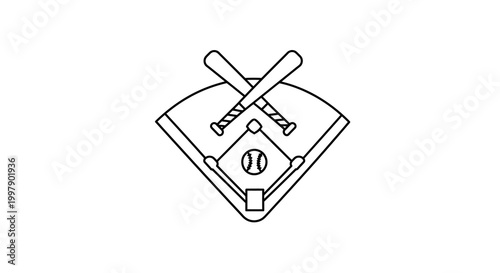 Sleek line art emblem featuring a baseball field, crossed bats, and a ball, an iconic representation of the cherished sport and the timeless spirit of the game