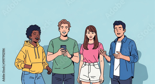Diverse group of young friends holding smartphones and smiling.