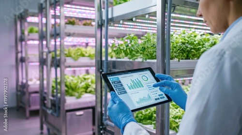 Scientist in lab coat holding tablet monitoring growth statistics and analytics of plants in a vertical hydroponic farm with LED grow lights, representing smart agriculture