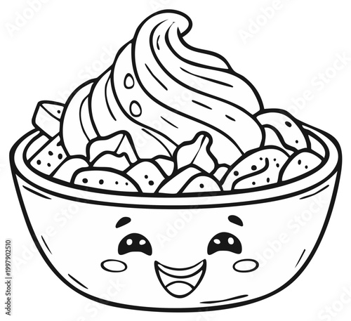 Kawaii cartoon illustration of a happy smiling bowl filled with fruit and whipped cream
