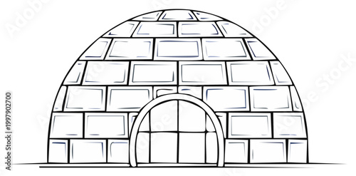 Igloo illustration, Inuit house built of snow blocks, Eskimo dwelling vector artwork