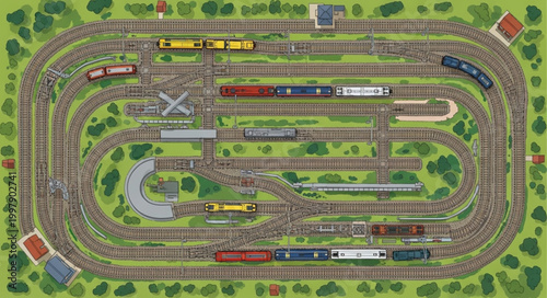 Model Train Set Layout with Multiple Trains on Tracks.