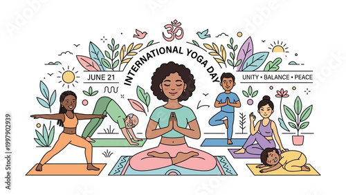 People practice yoga on mats in a peaceful outdoor setting with plants and sunshine.