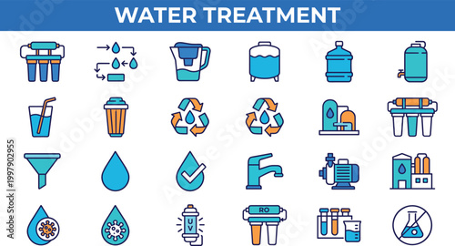 Water treatment icon set featuring filtration purification recycling desalination and clean water processing systems colorful vector collection