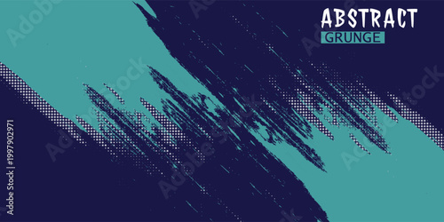 Abstract grunge brush stroke in teal over dark navy background. Rough halftone texture with modern style, perfect for banners and creative designs.